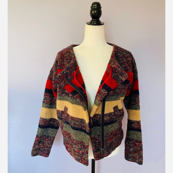 Madewell Red Grey Hi-line Stripe Boucle Knit Wool Cardigan Jacket - Picture 5 of 6